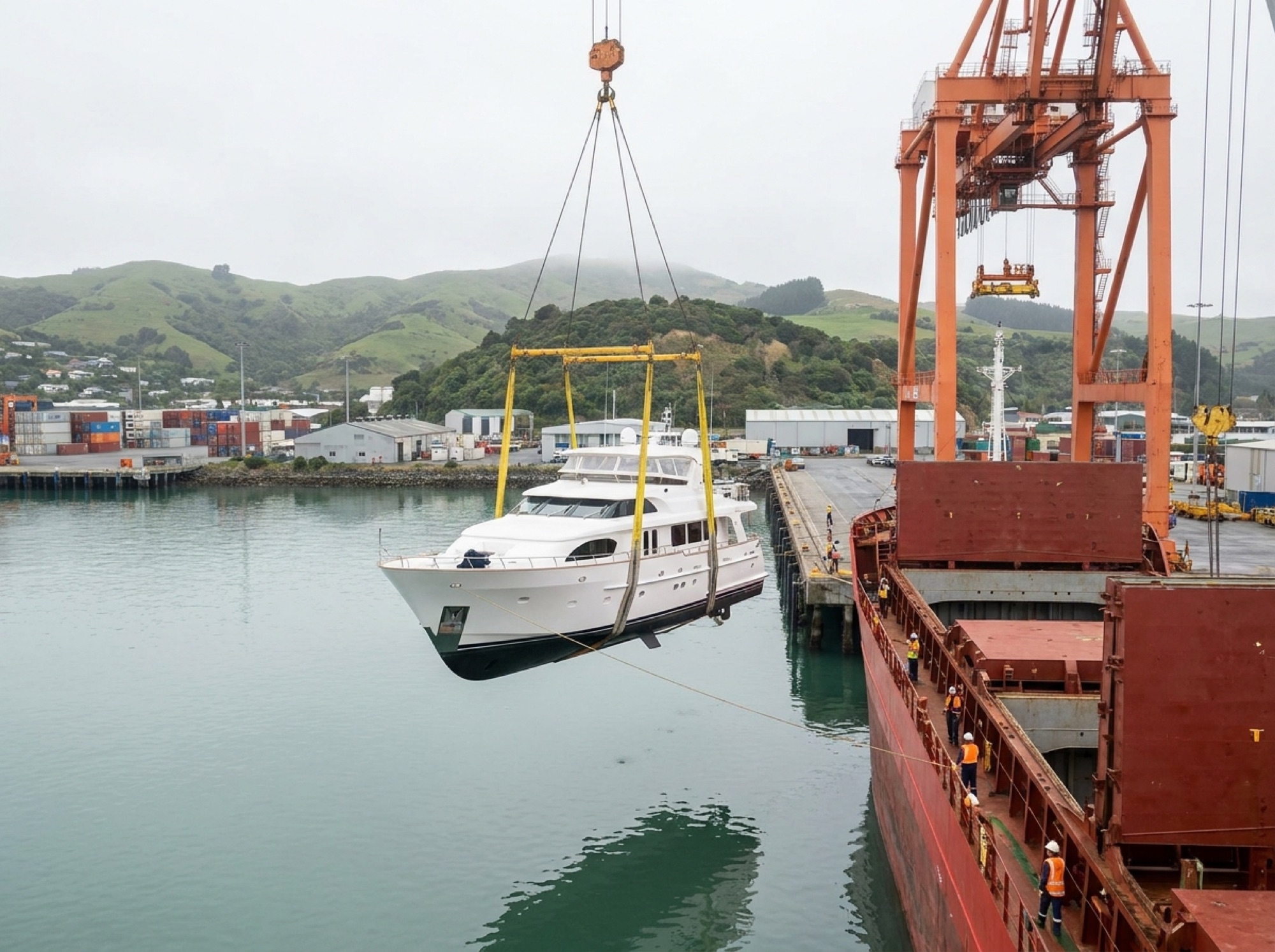 Motor yacht being craned at a New Zealand port
