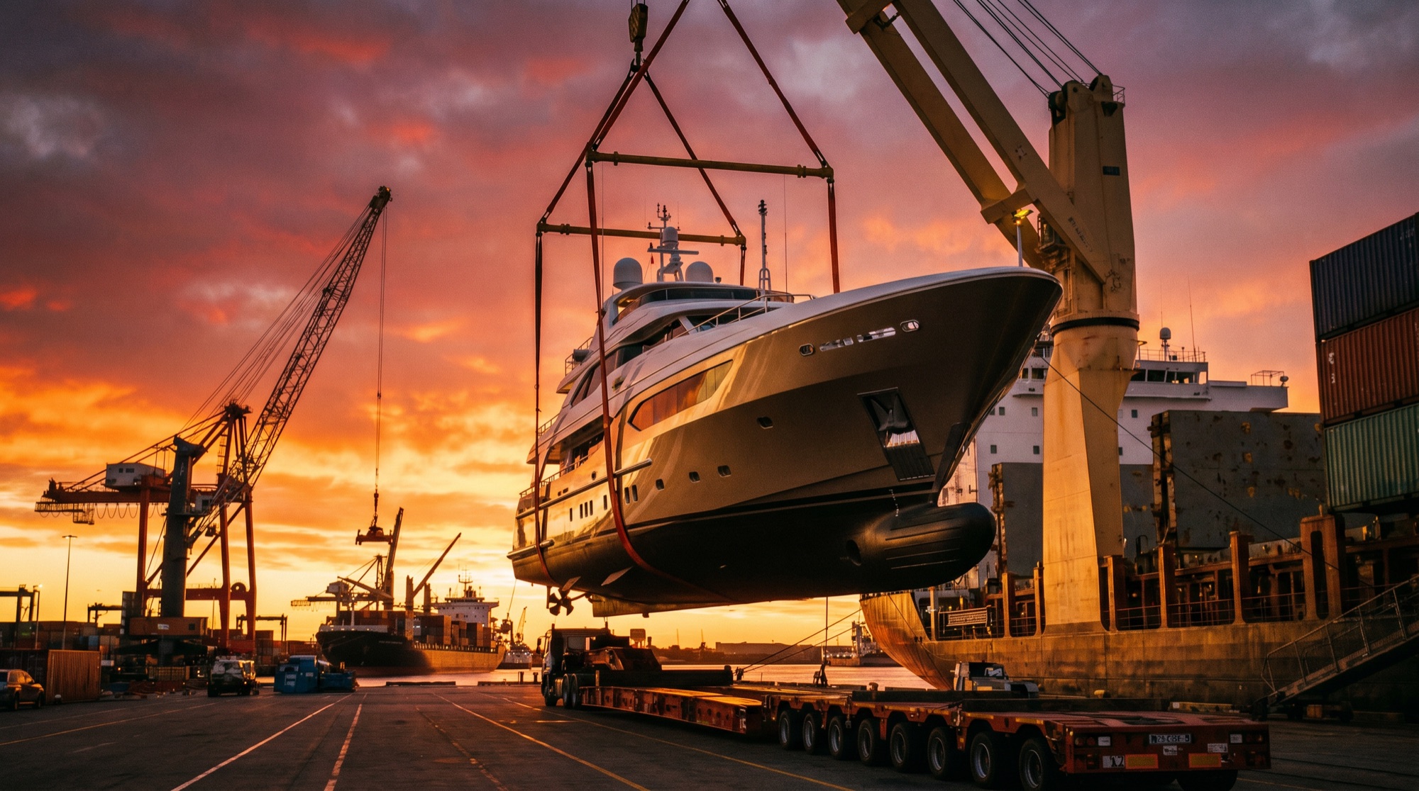 Yacht being craned off cargo ship