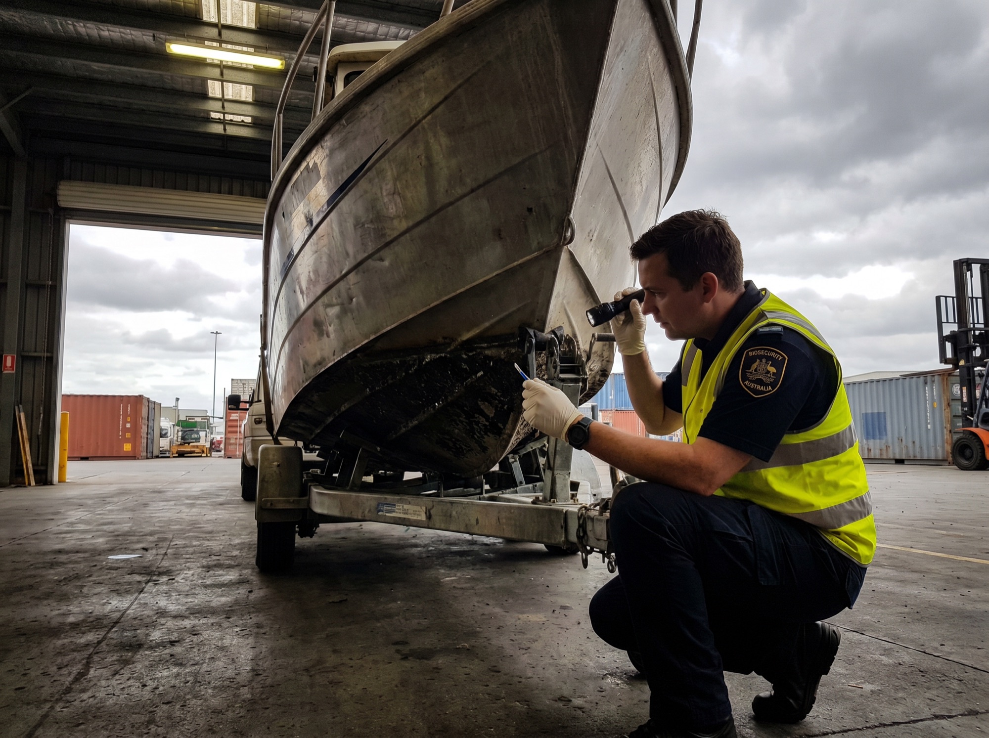 AQIS inspector examining imported boat hull
