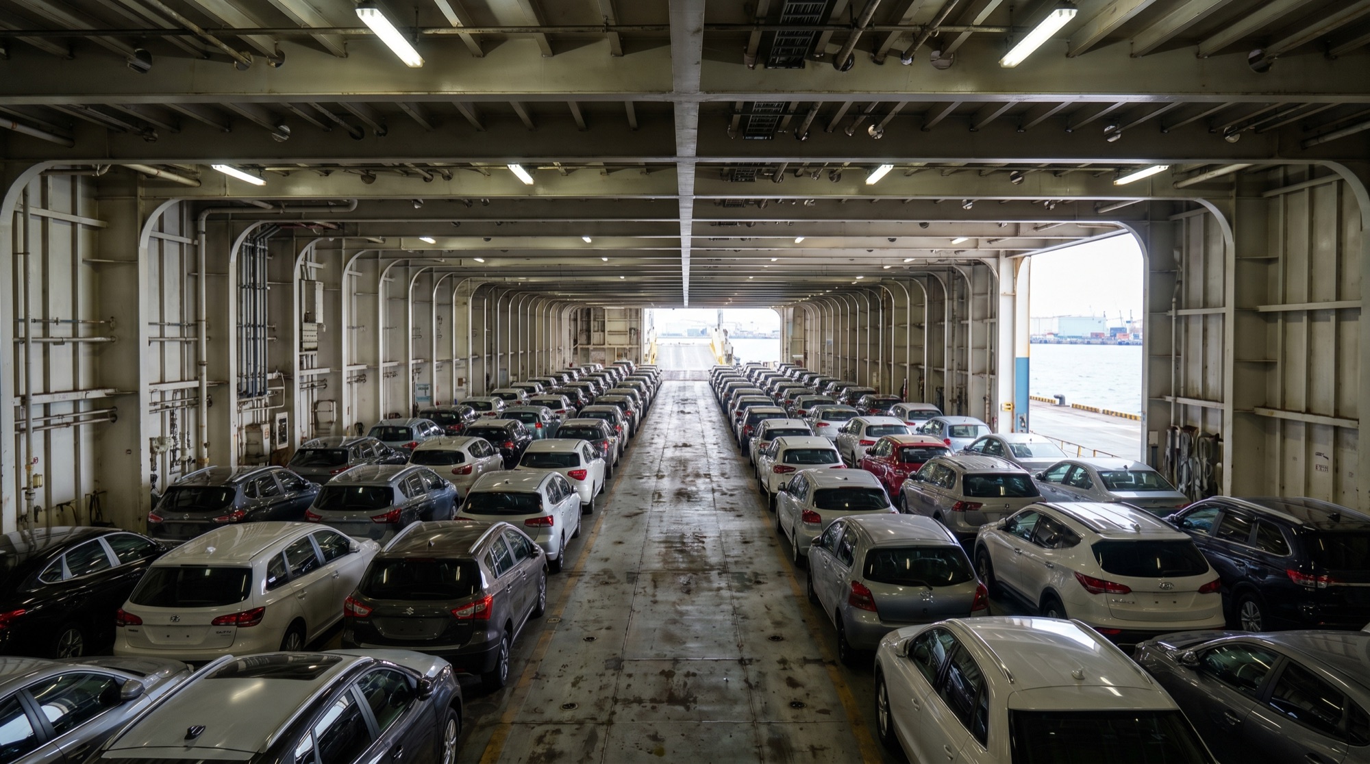 Cars loaded inside RoRo ship deck