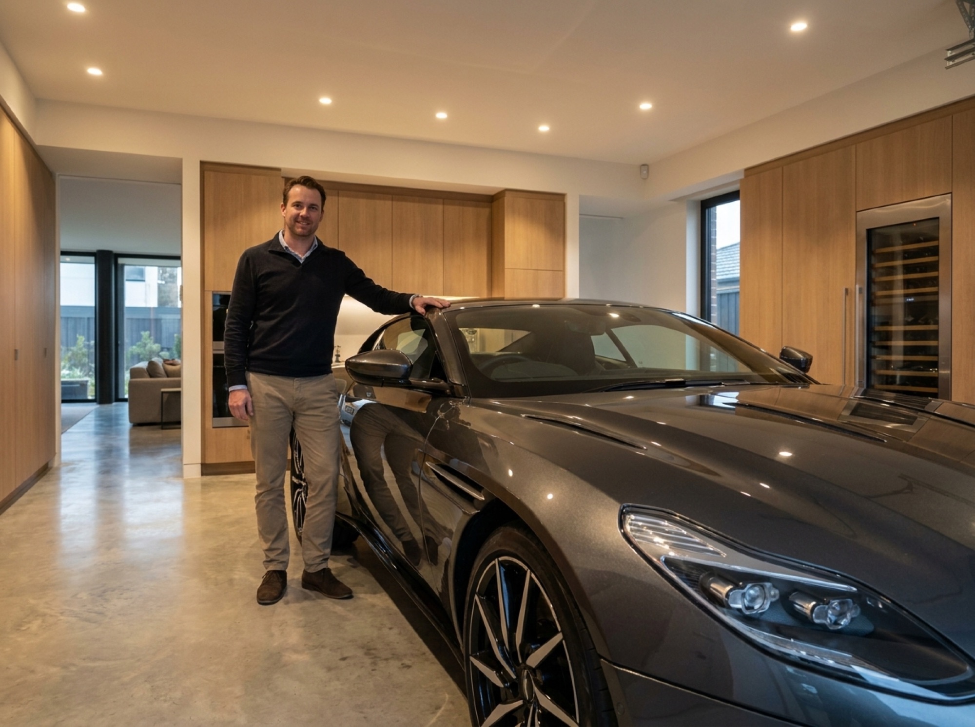 Owner beside a prestige imported car in a home garage